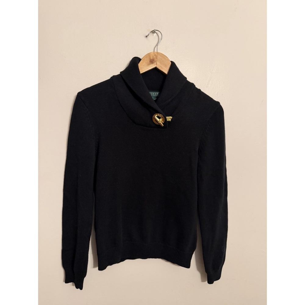 Lauren Ralph Lauren Women's Black Shawl Collar 100% Cotton Sweater Size Small